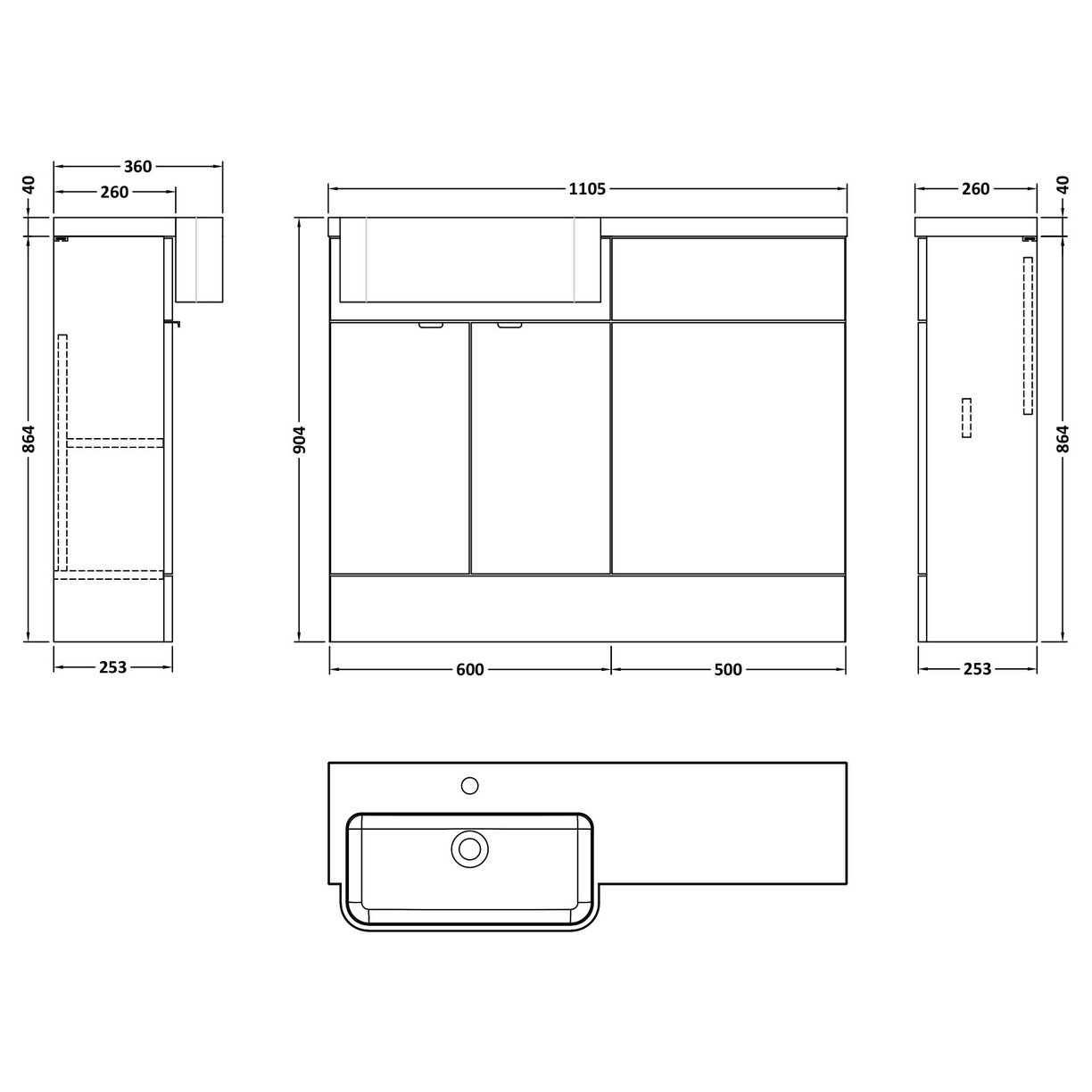 1100 Semi Recess Combi Vanity & Wc Lh - Gloss White