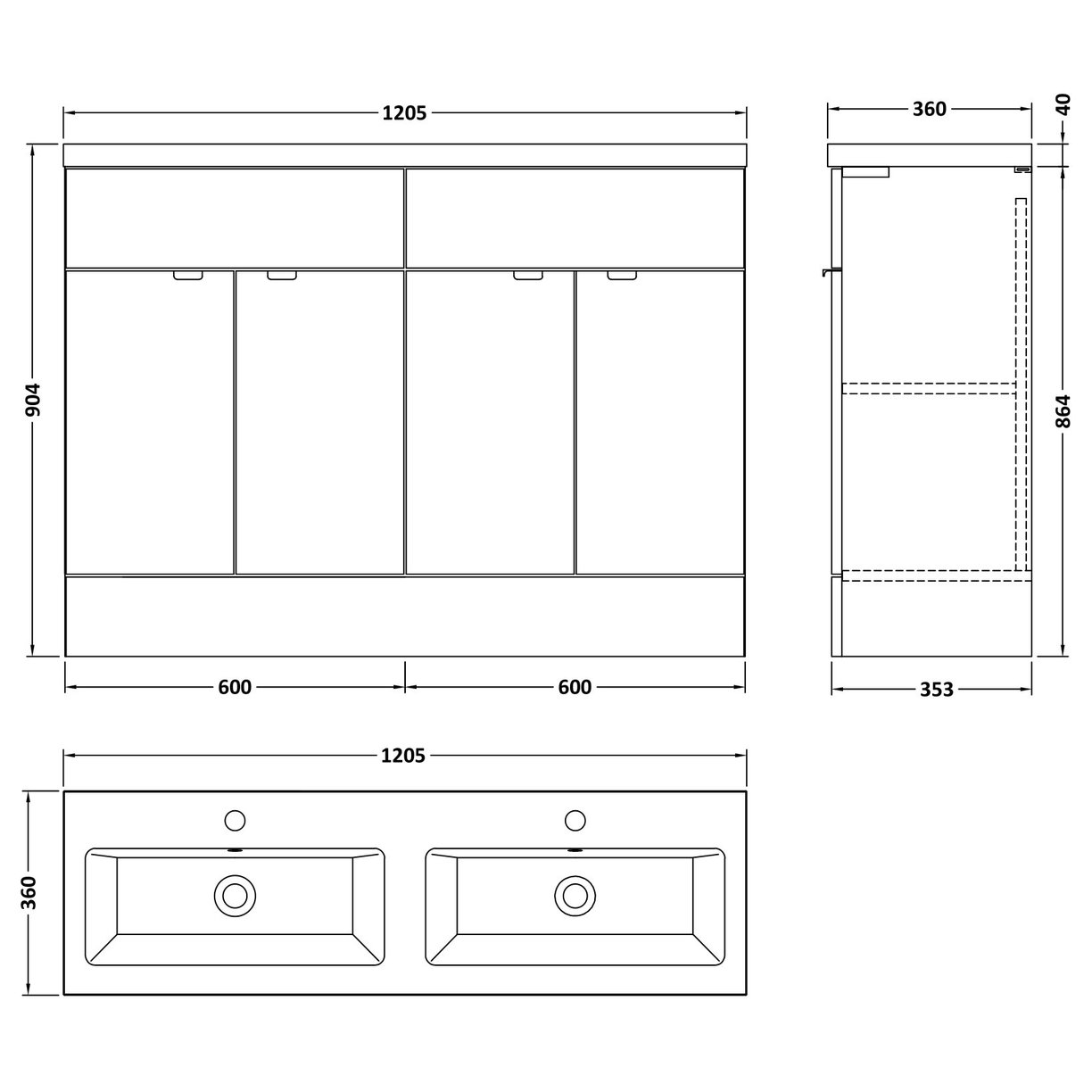 1200 Fs 4-Door Vanity W/Double Basin - Bleached Oak