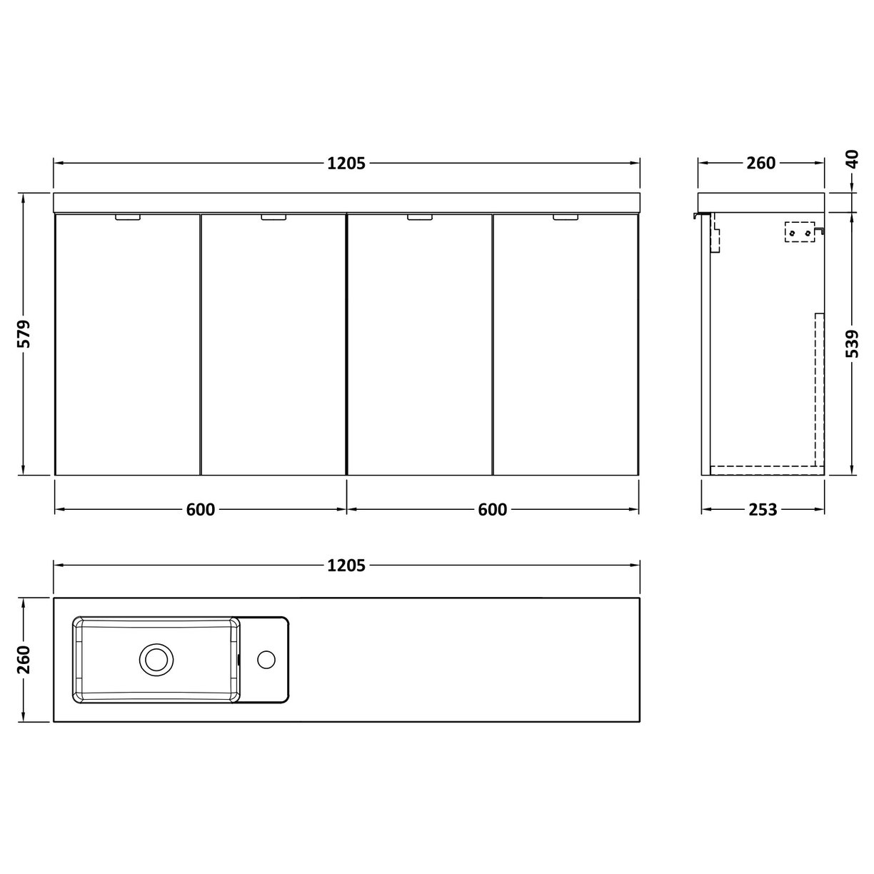1200 Wh 4-Door Vanity W/Slimline Basin - Bleached Oak