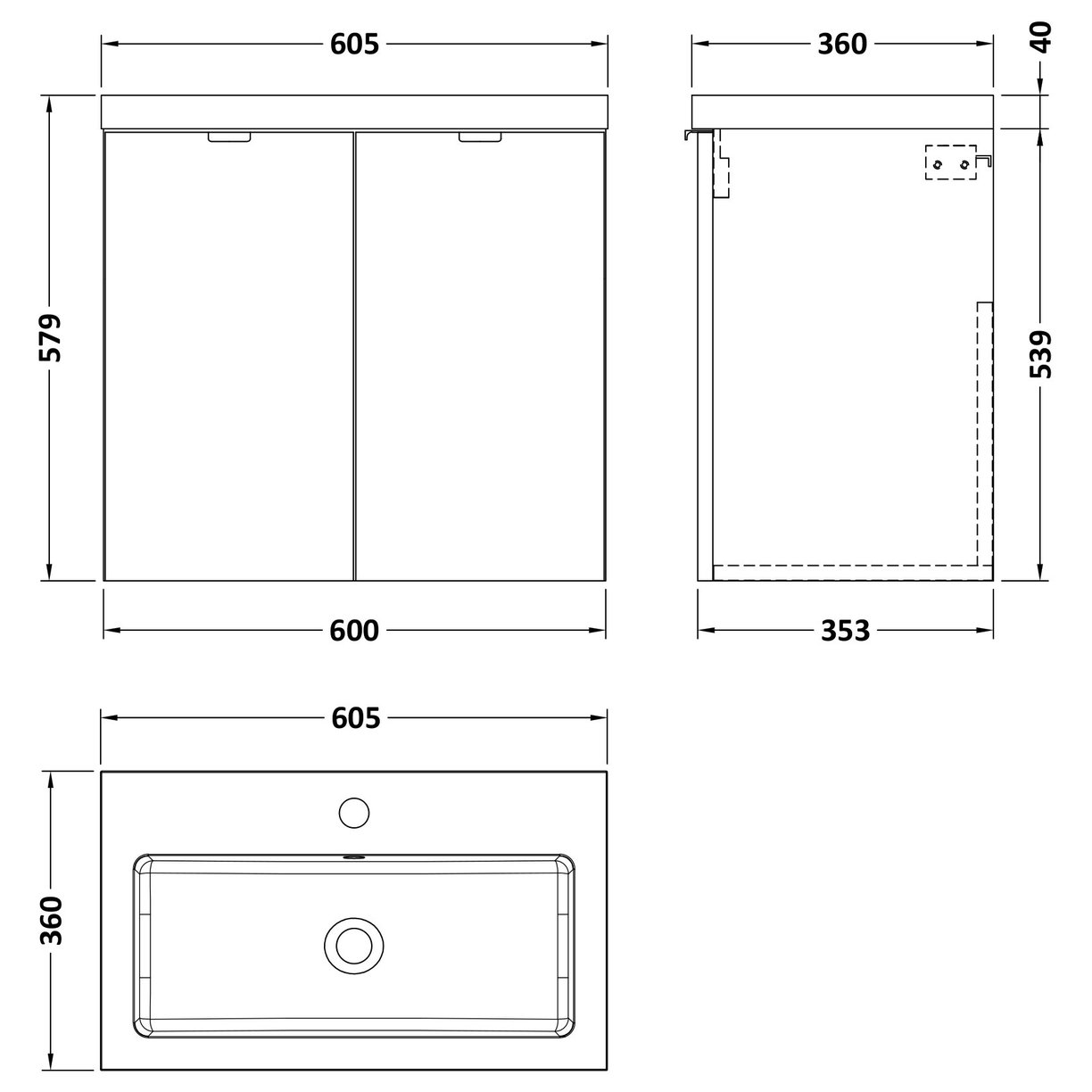 600 2-Door Wall Hung Unit & Basin - Bleached Oak
