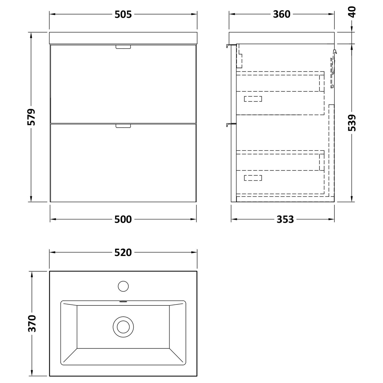 500 2-Drawer Wall Hung Unit & Basin - Bleached Oak