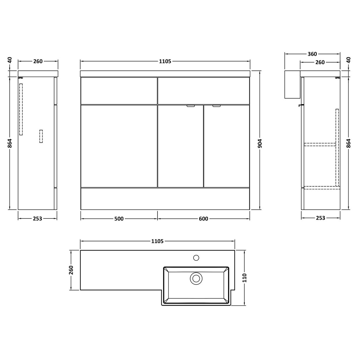 1100 Square Semi Rec Vanity & Wc Unit Rh - Bleached Oak
