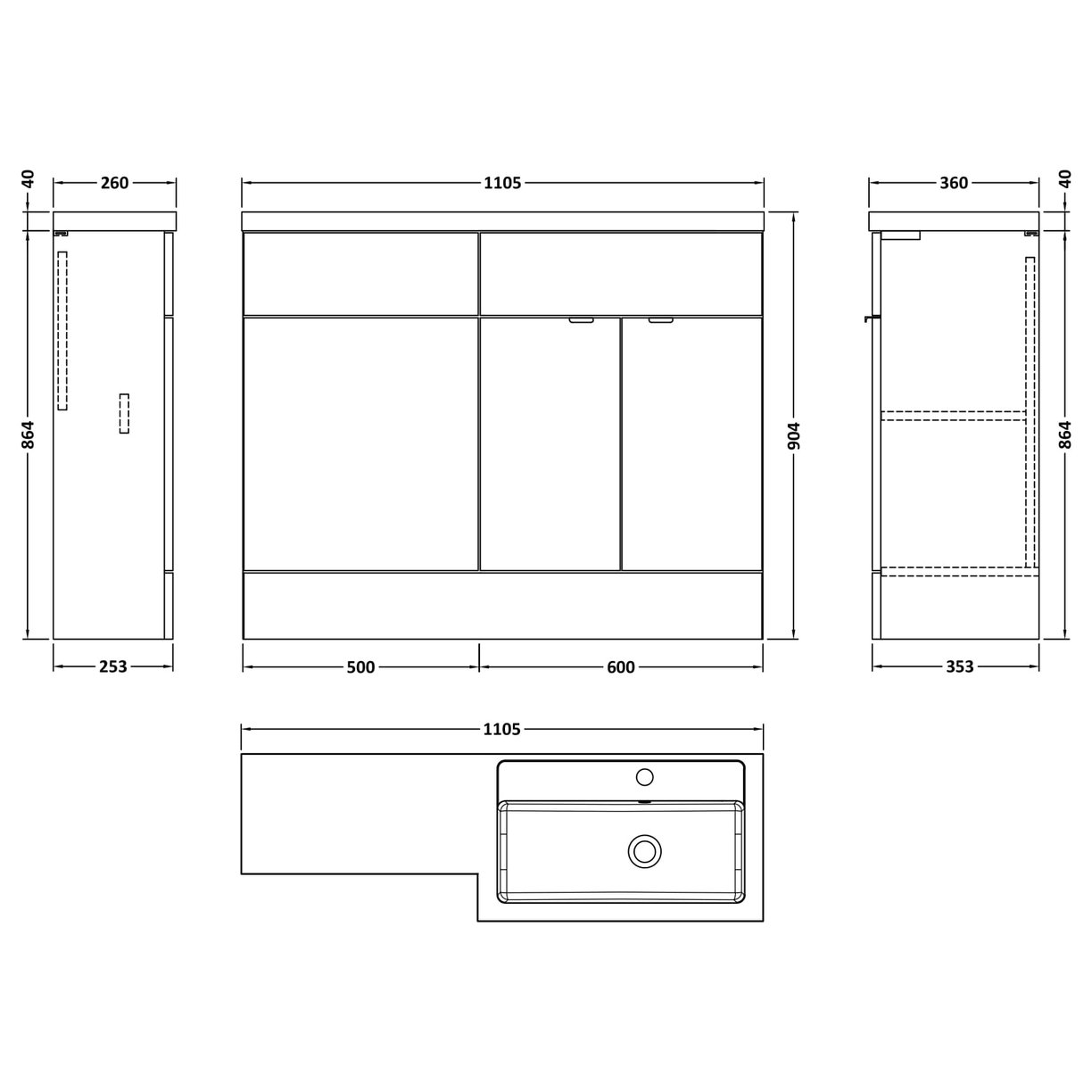 1100Mm Combination - Fd - Rh - Grey Woodgrain