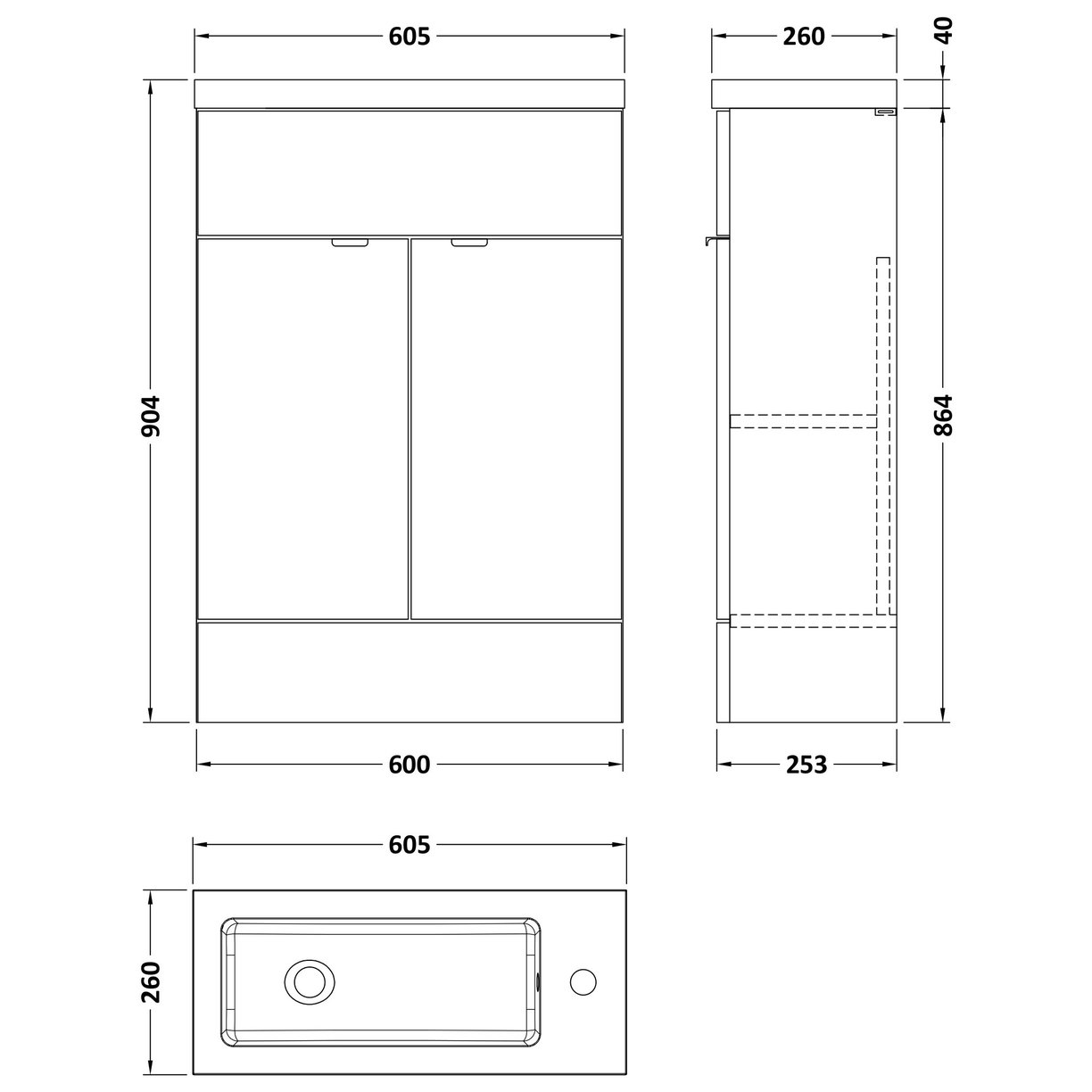 600Mm Compact Vanity Unit & Basin - Grey Woodgrain