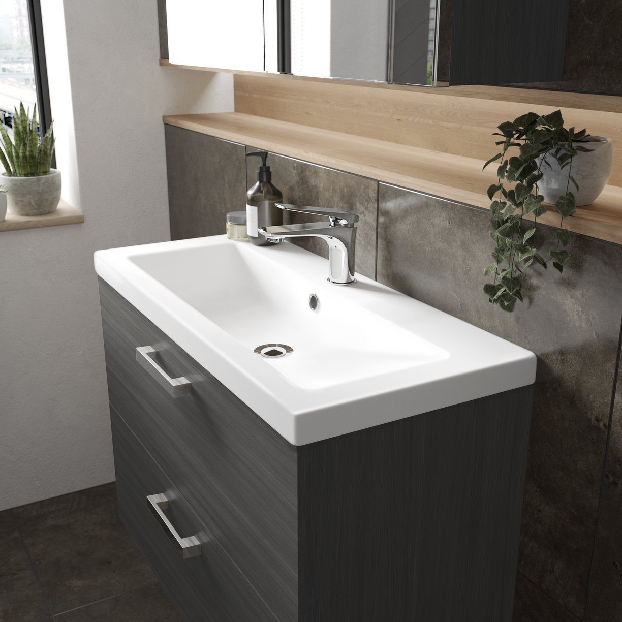 800 Wall Hung 2-Drawer Unit & Basin - Grey Woodgrain