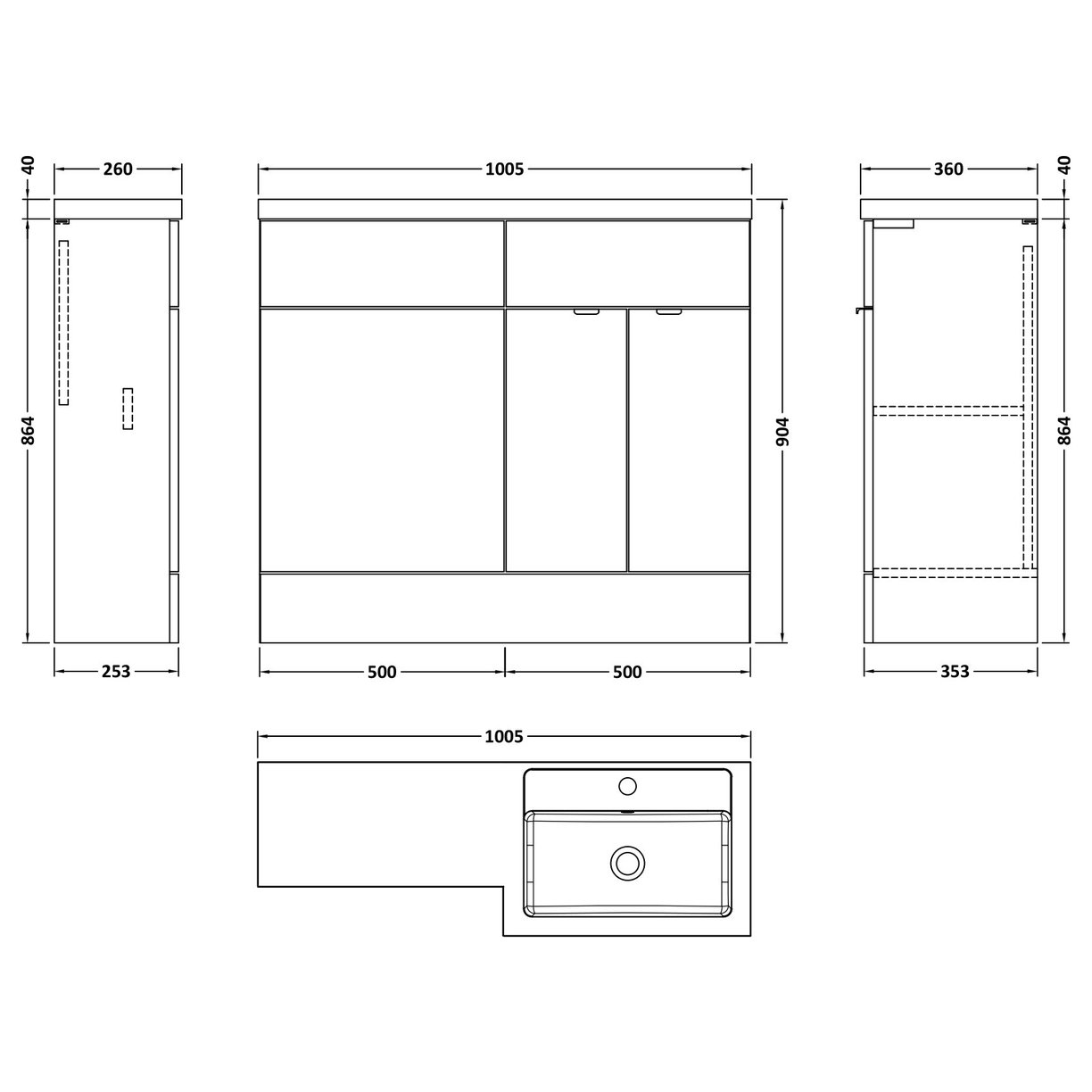1000Mm Combination - Fd - Rh - Black Woodgrain