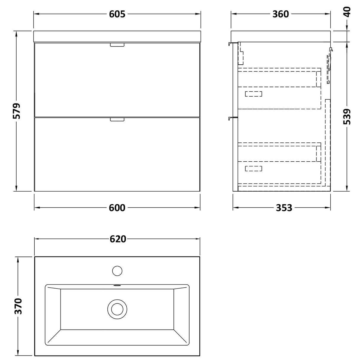 600 Wall Hung 2-Drawer Unit & Basin - Black Woodgrain