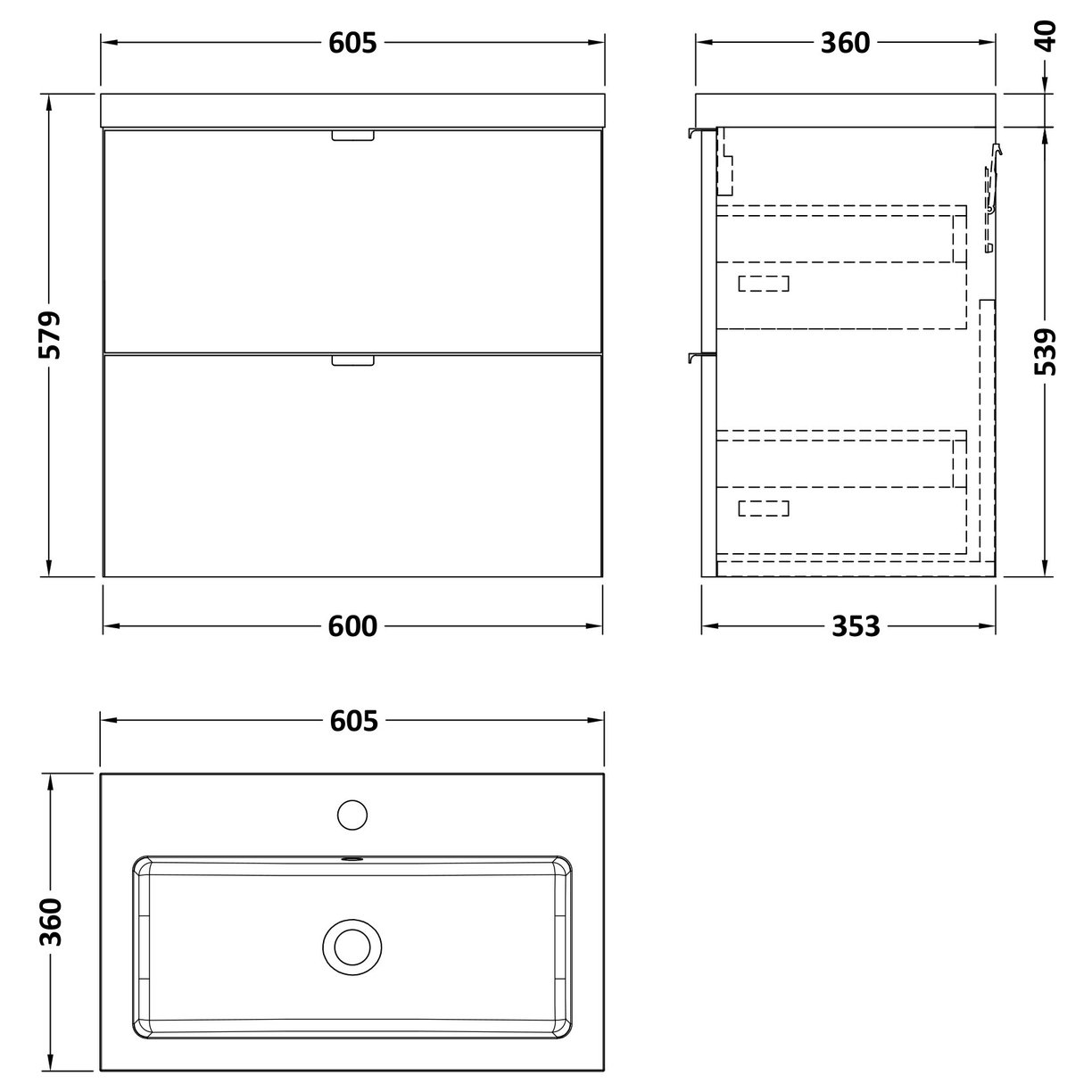 600Mm Vanity Unit & Basin - Black Woodgrain