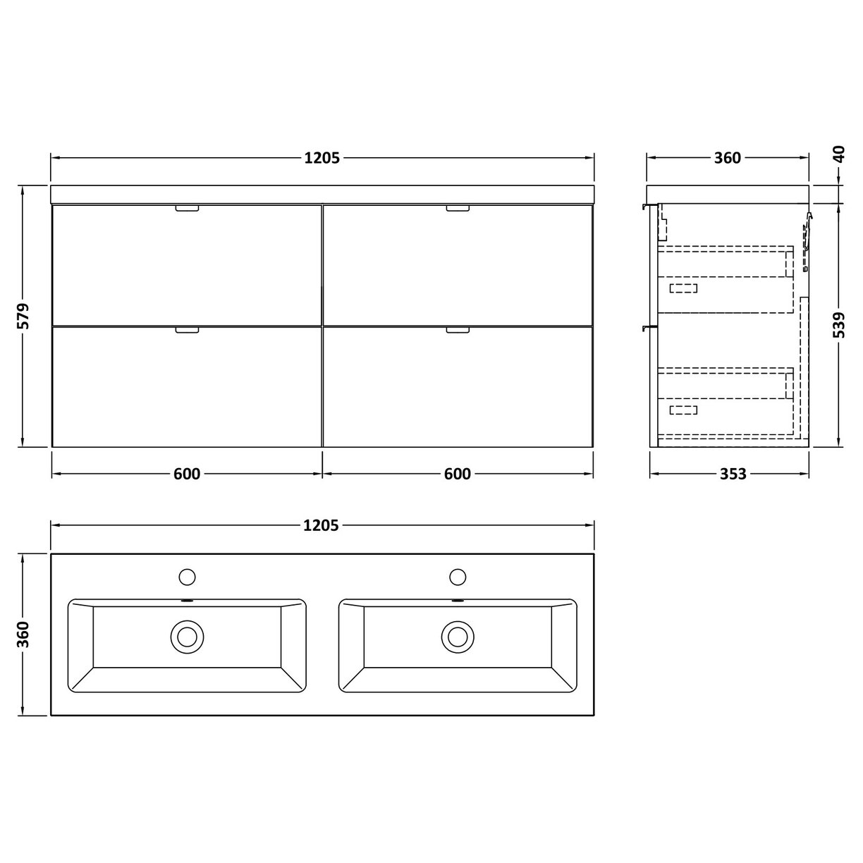 1200 Wh 4-Drawer Vanity W/Double Basin - Black Woodgrain