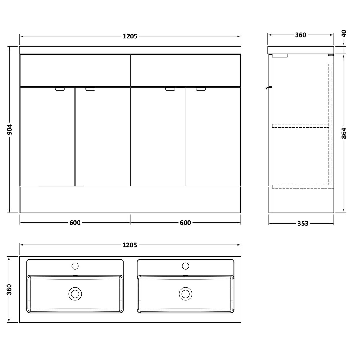 1200Mm Vanity Unit & Double Basin - Black Woodgrain