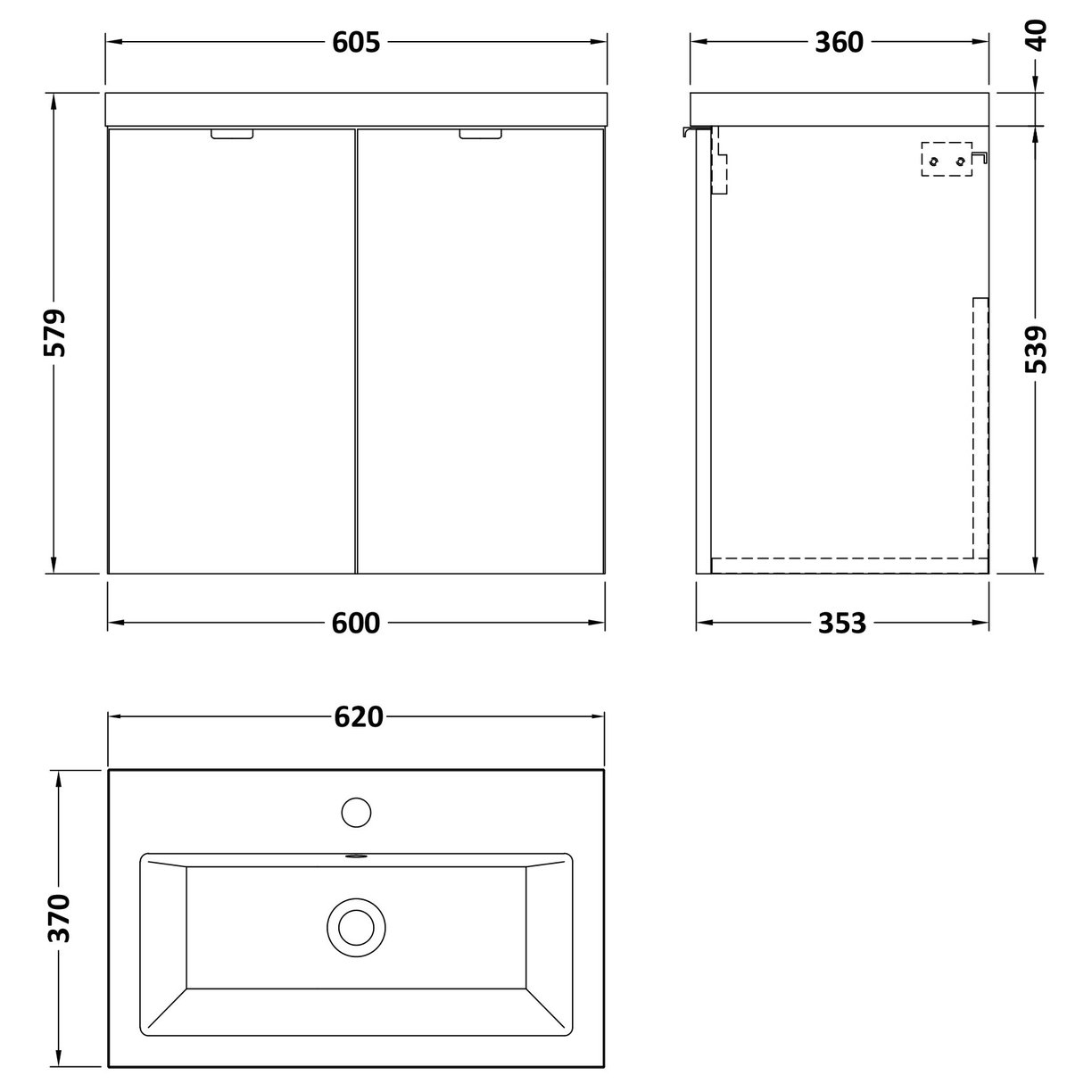 600 2-Door Wall Hung Unit & Basin - Black Woodgrain