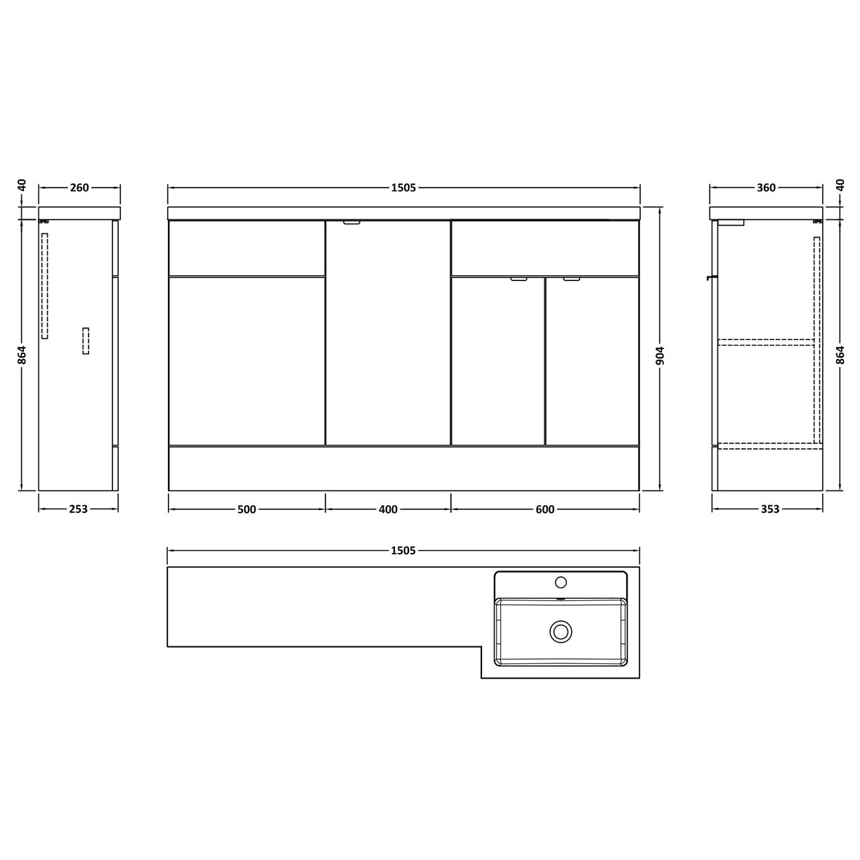1500Mm Combination - Fd Option 1 - Rh - Gloss Grey