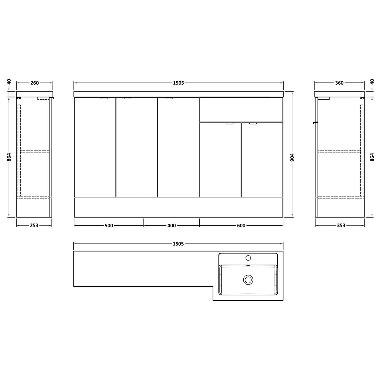 1500Mm Combination - Fd Option 3 - Rh - Gloss Grey