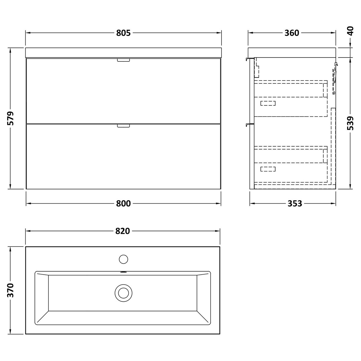 800 Wall Hung 2-Drawer Unit & Basin - Gloss Grey