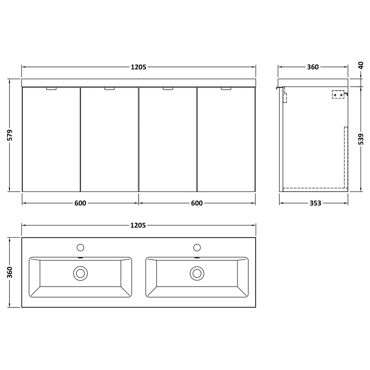 1200 Wh 4-Door Vanity W/Double Basin - Gloss Grey