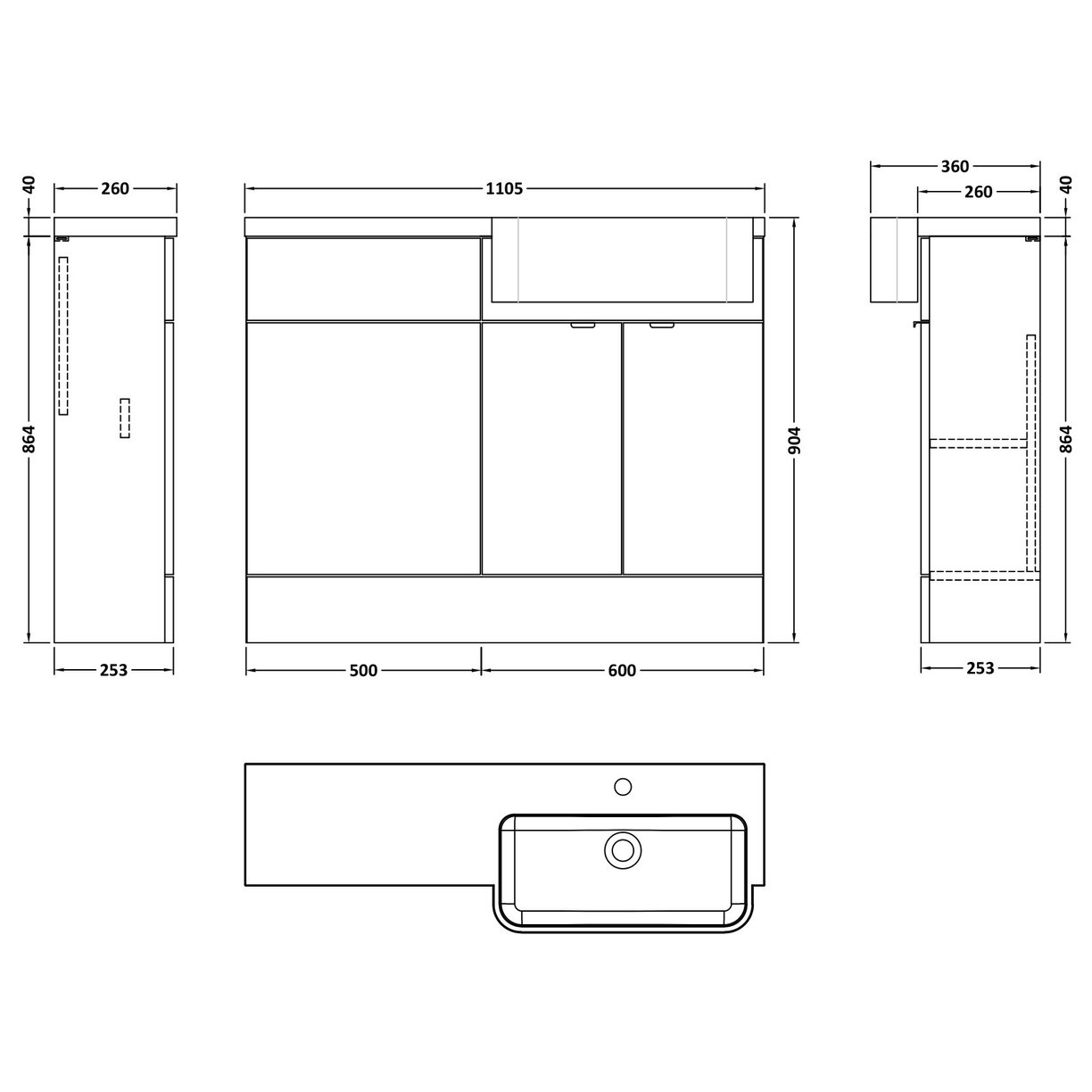1100 Semi Recess Combi Vanity & Wc Rh - Gloss Grey