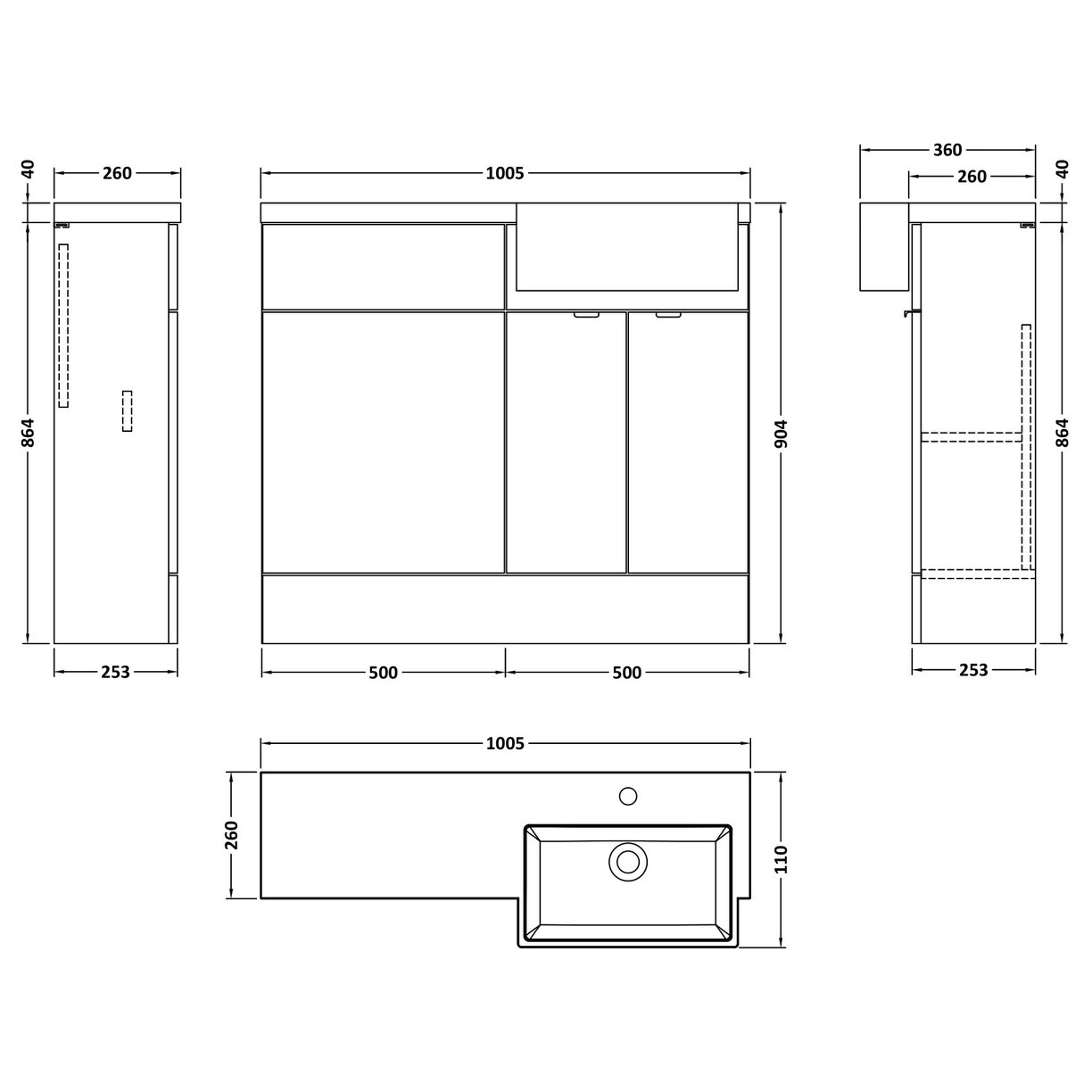 1000 Semi Recess Combi Vanity & Wc Rh - Gloss Grey