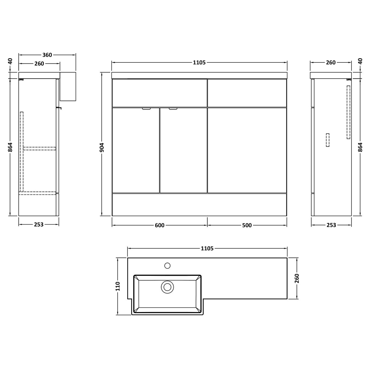 1100 Semi Recess Combi Vanity & Wc Lh - Gloss Grey