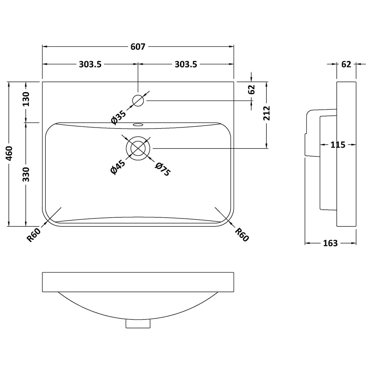 600 x 460mm Curved Thin-Edge Basin 1TH - White