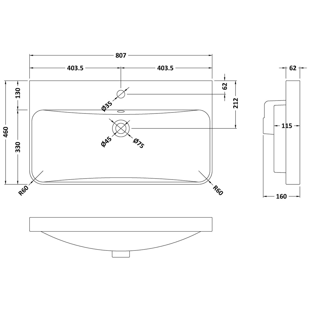 800 x 460mm Curved Thin-Edge Basin 1TH - White