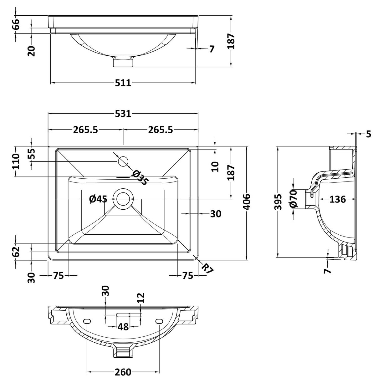 500mm Classic Basin 1TH - White