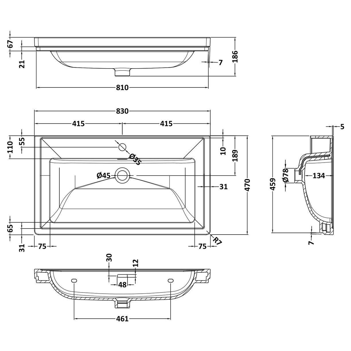 800mm Classic Basin 1TH - White