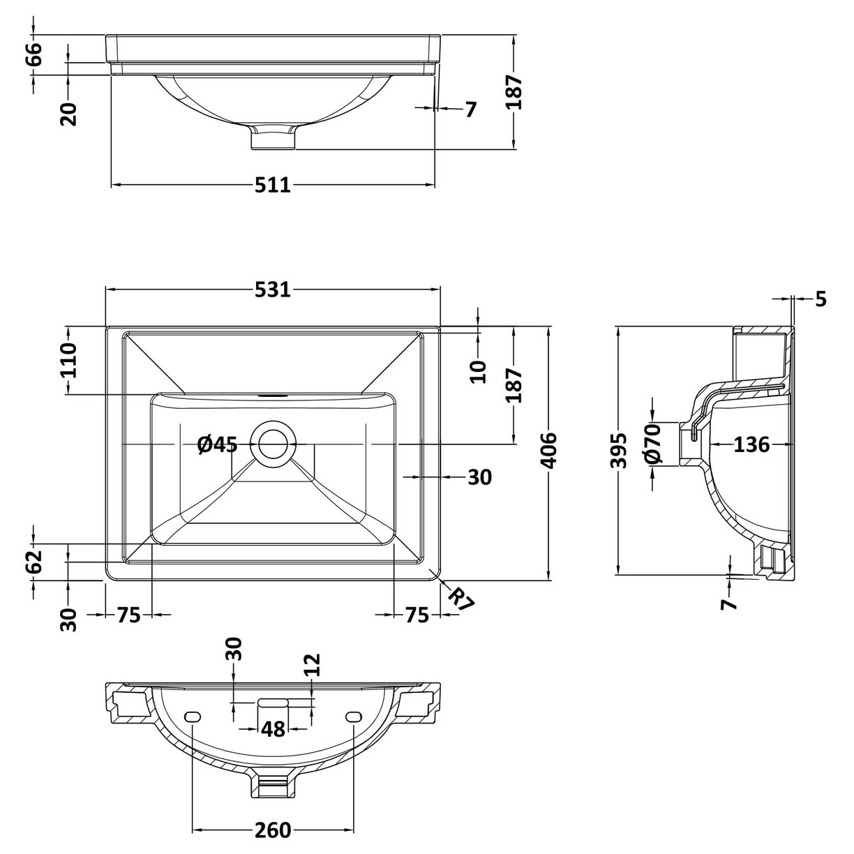 500mm Classic Basin 0TH - White