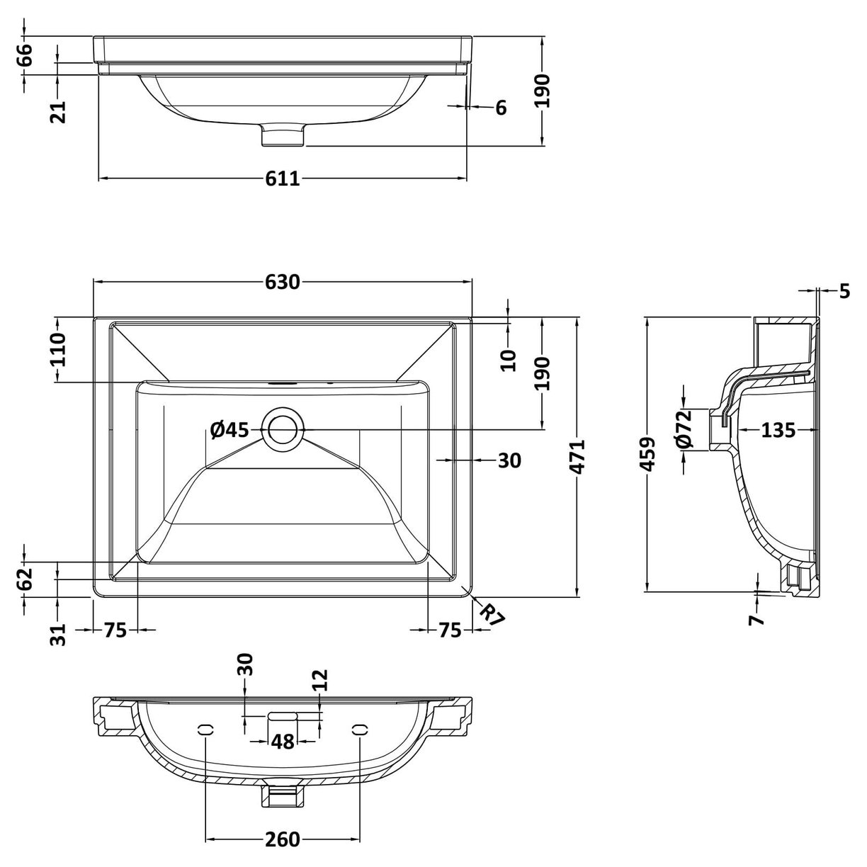 600mm Classic Basin 0TH - White