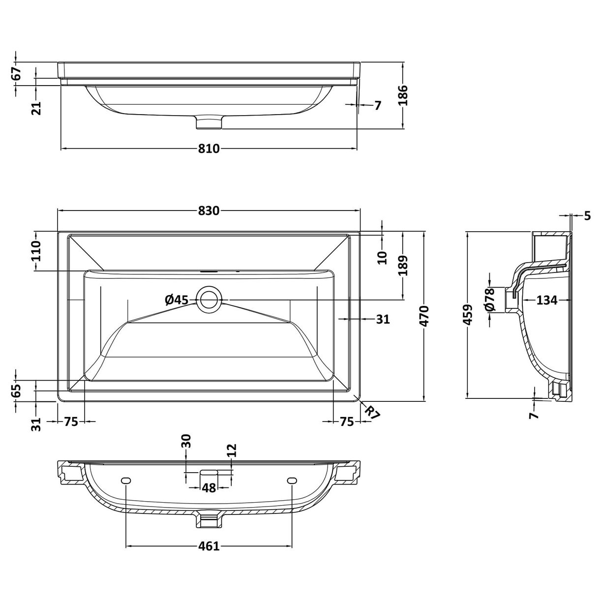 800mm Classic Basin 0TH - White