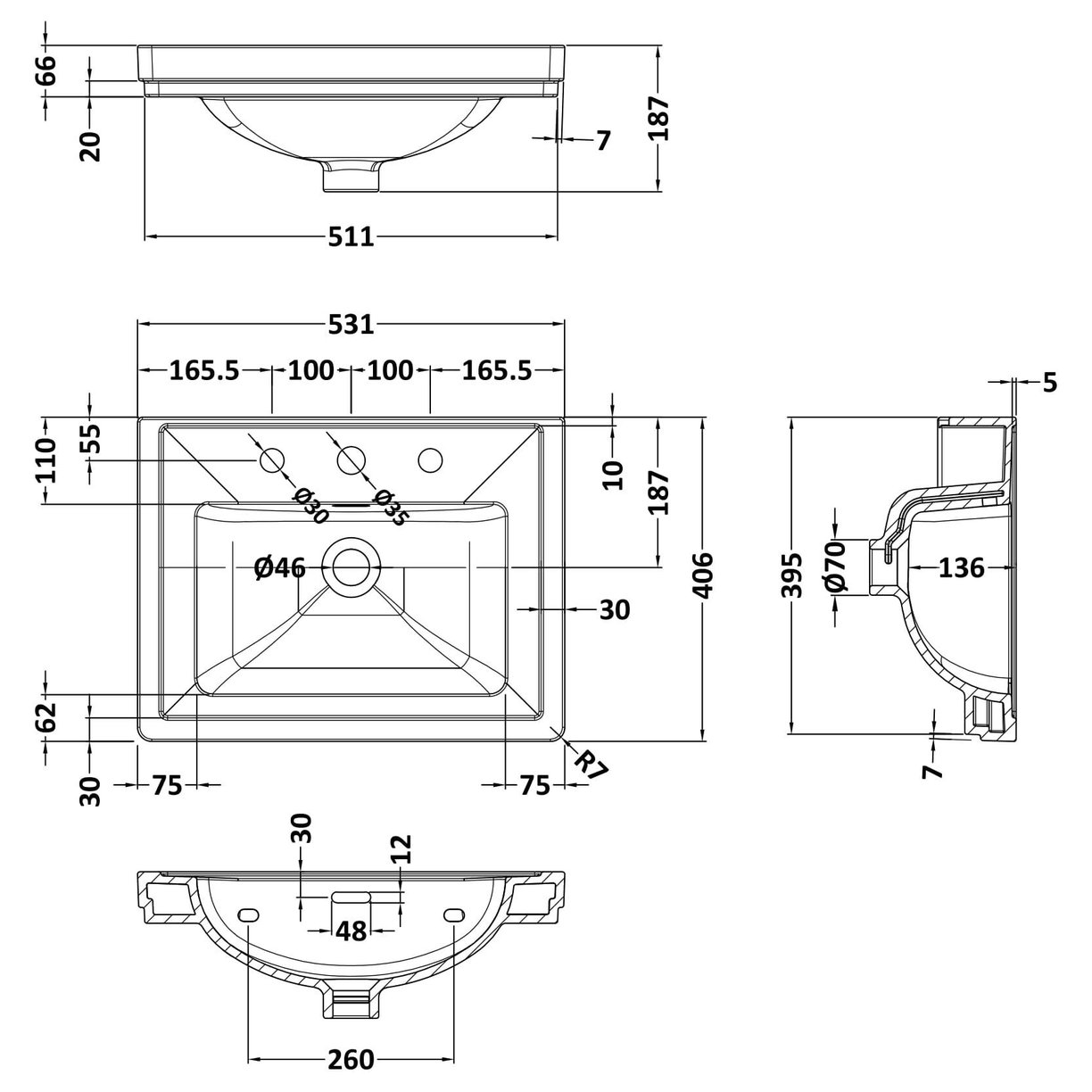 500mm Classic Basin 3TH - White