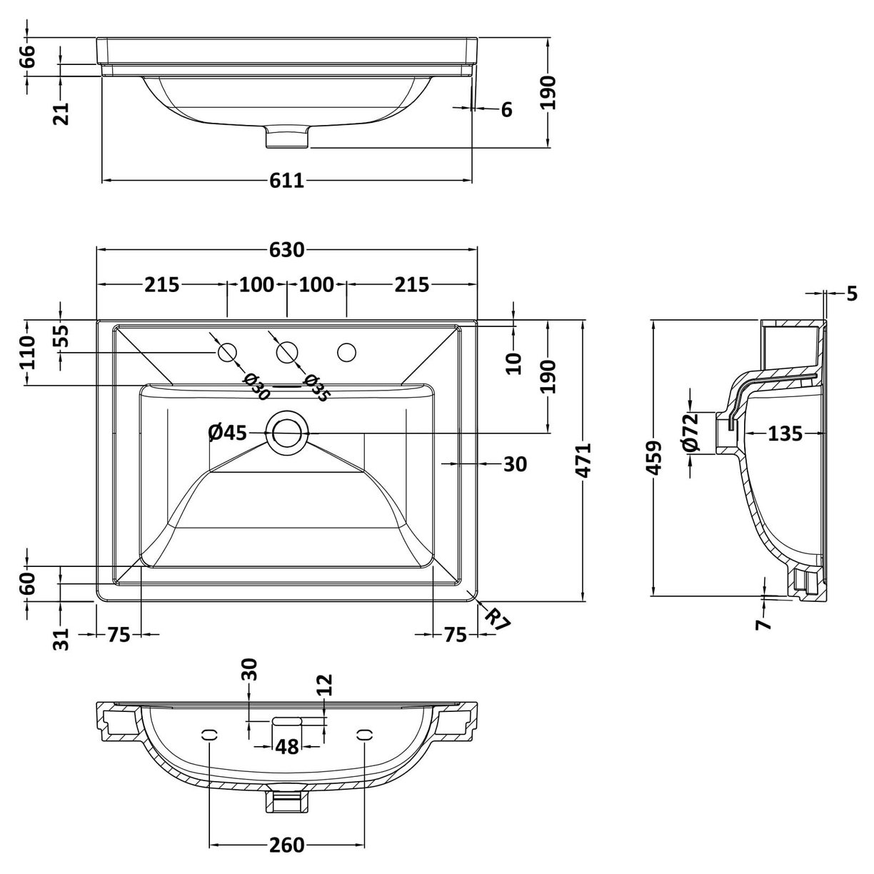 600mm Classic Basin 3TH - White