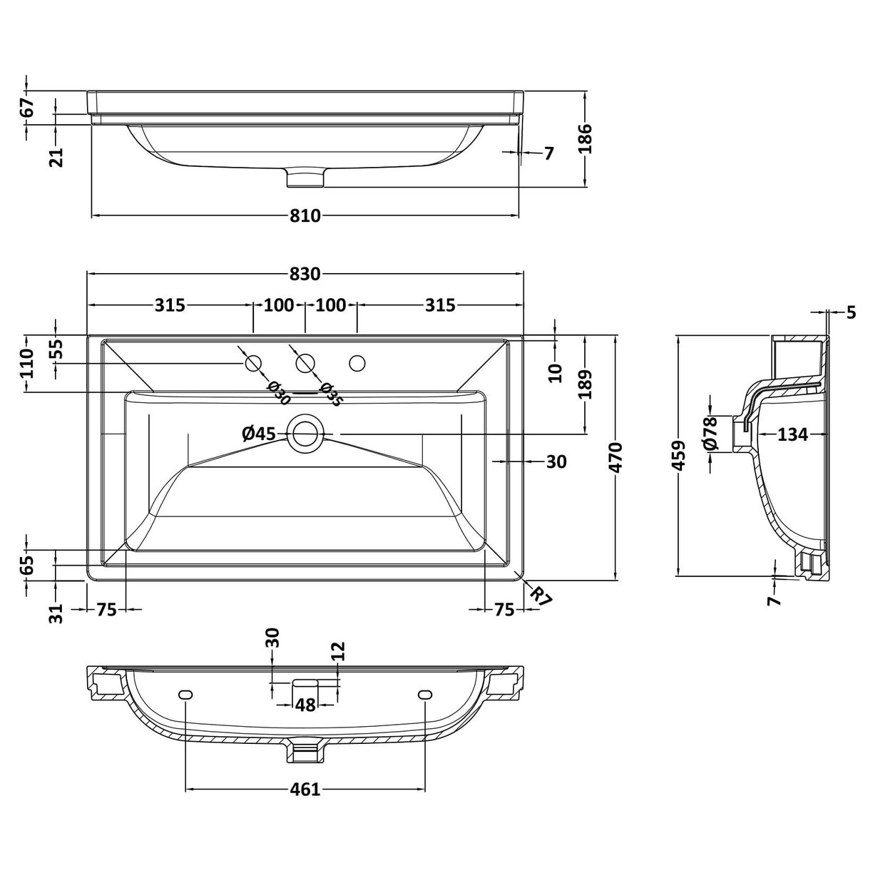 800mm Classic Basin 3TH - White
