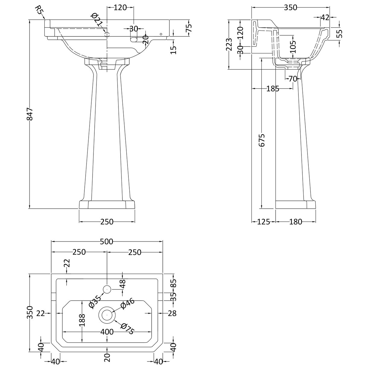 Richmond 500Mm 1 Th Basin & Pedestal - White