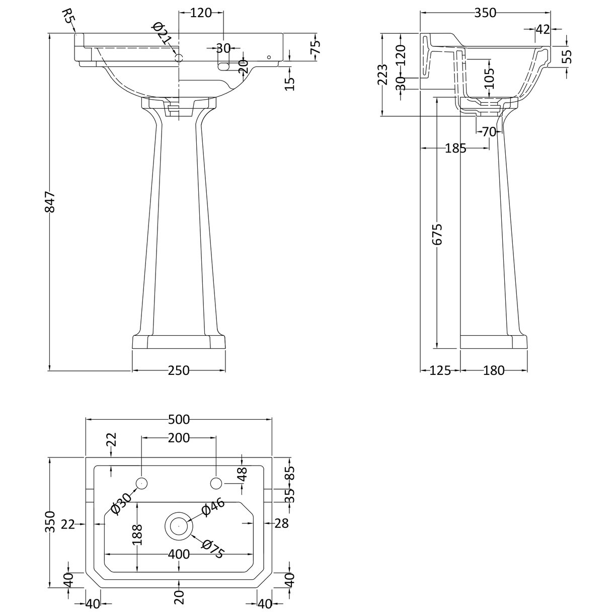 Richmond 500Mm 2 Th Basin & Pedestal - White