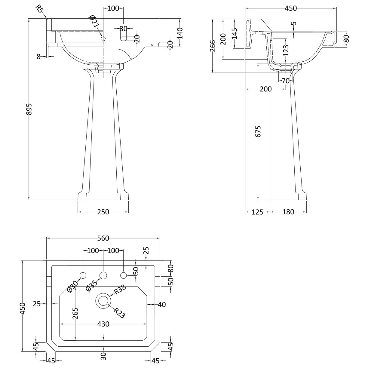 Richmond 560Mm 3 Th Basin & Pedestal - White