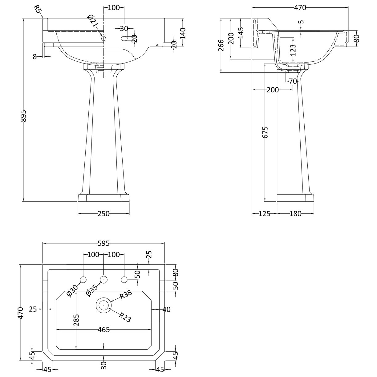 600Mm Basin & Pedestal (3 Tap Hole) - White
