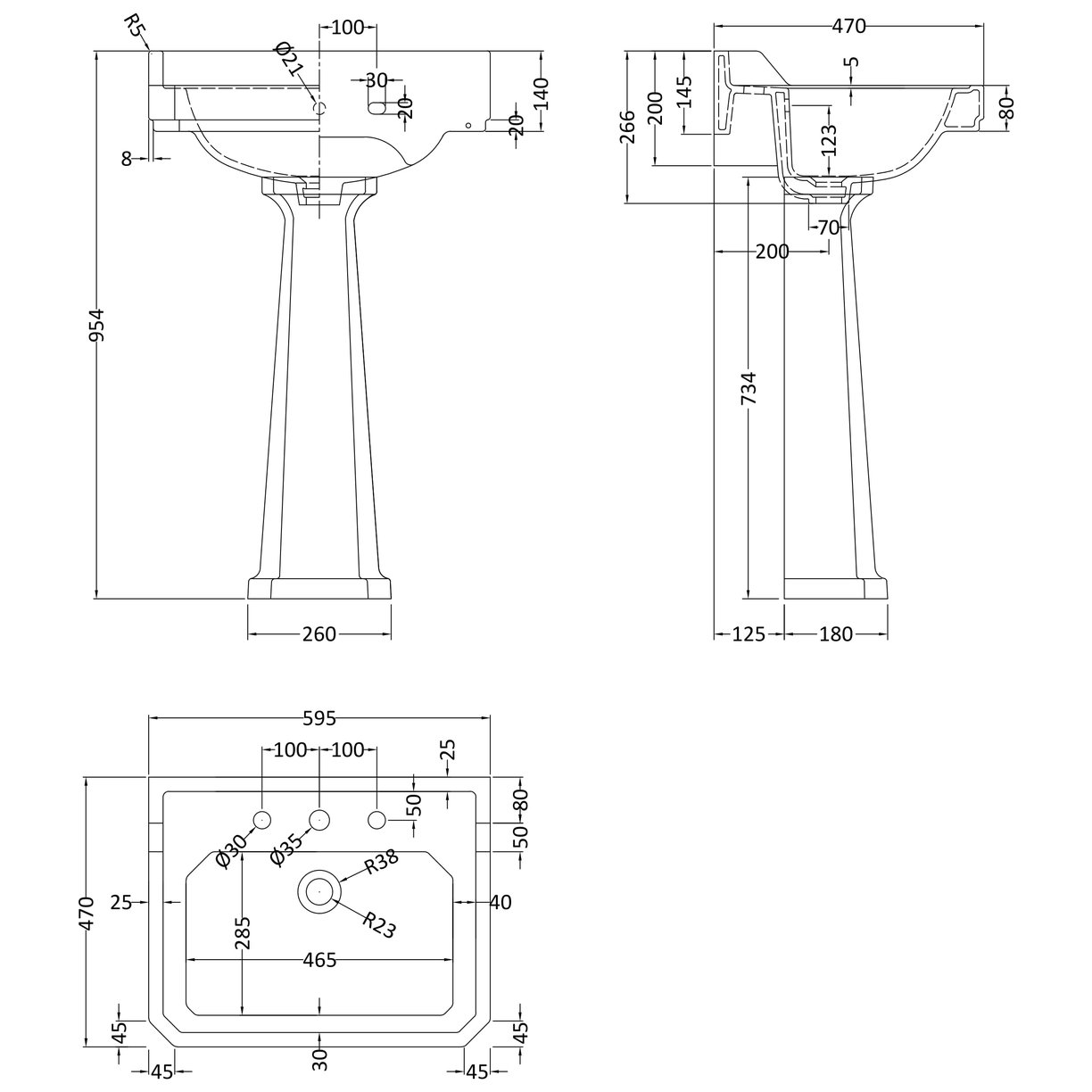 600Mm 3Th Basin & Comfort Height Ped - White