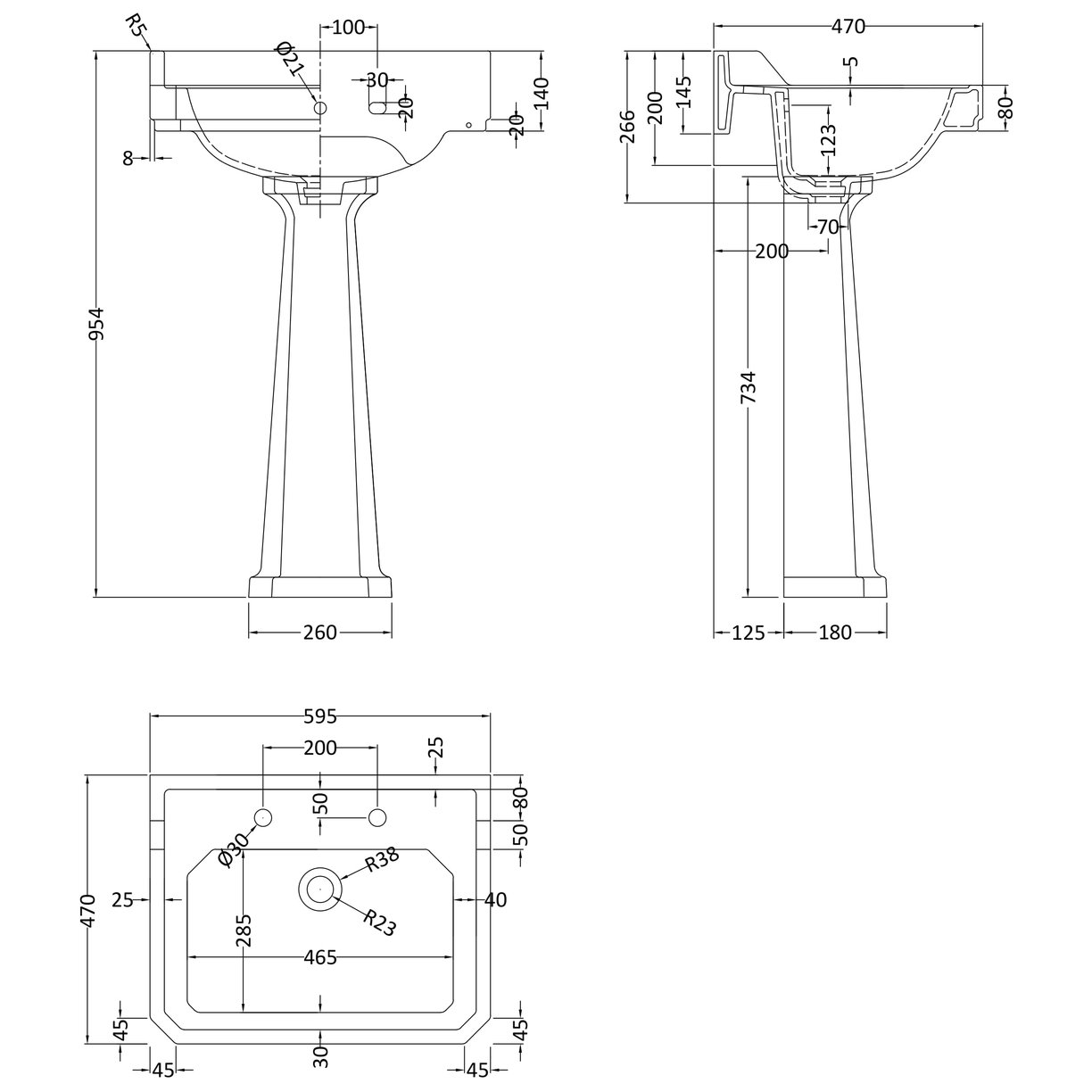 600Mm 2Th Basin & Comfort Height Ped - White