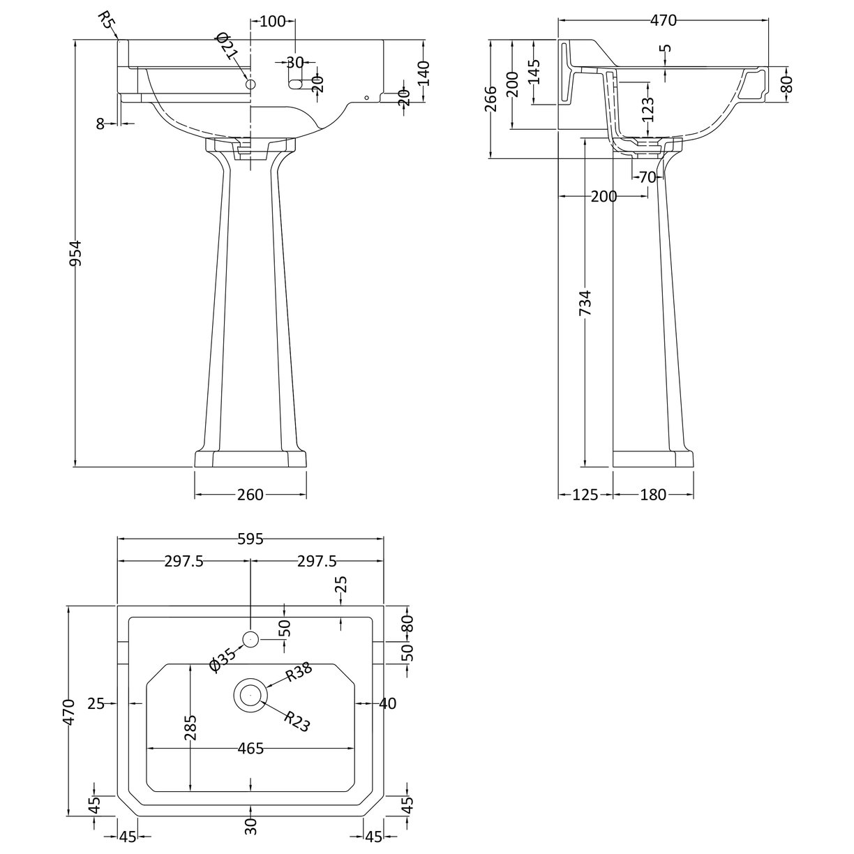 600Mm 1Th Basin & Comfort Height Ped - White