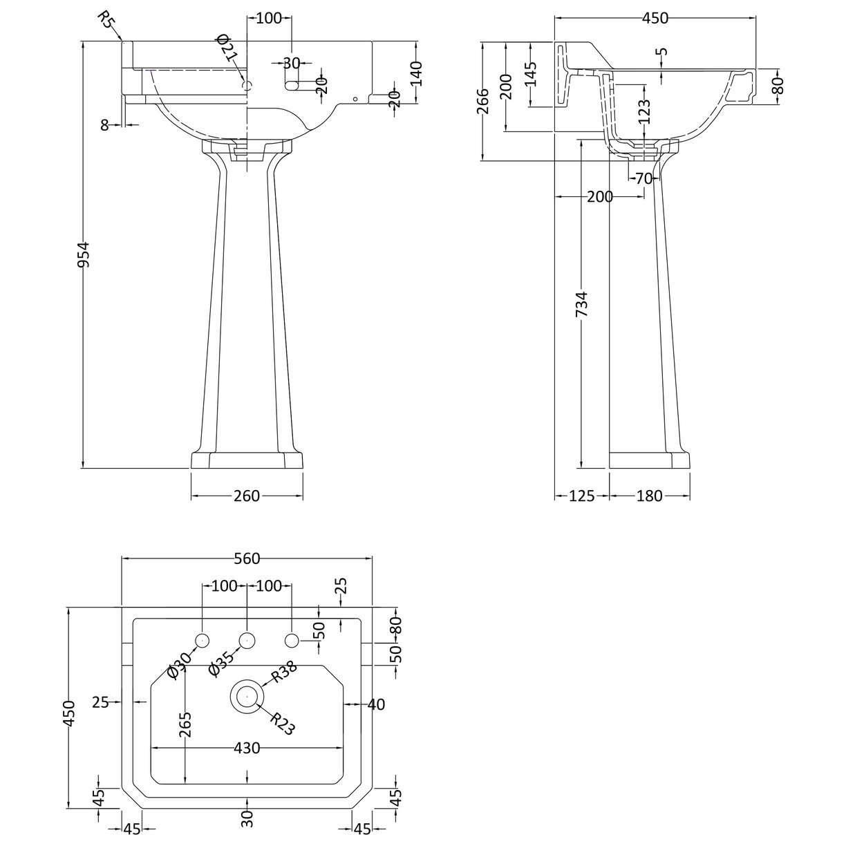 560Mm 3Th Basin & Comfort Height Ped - White