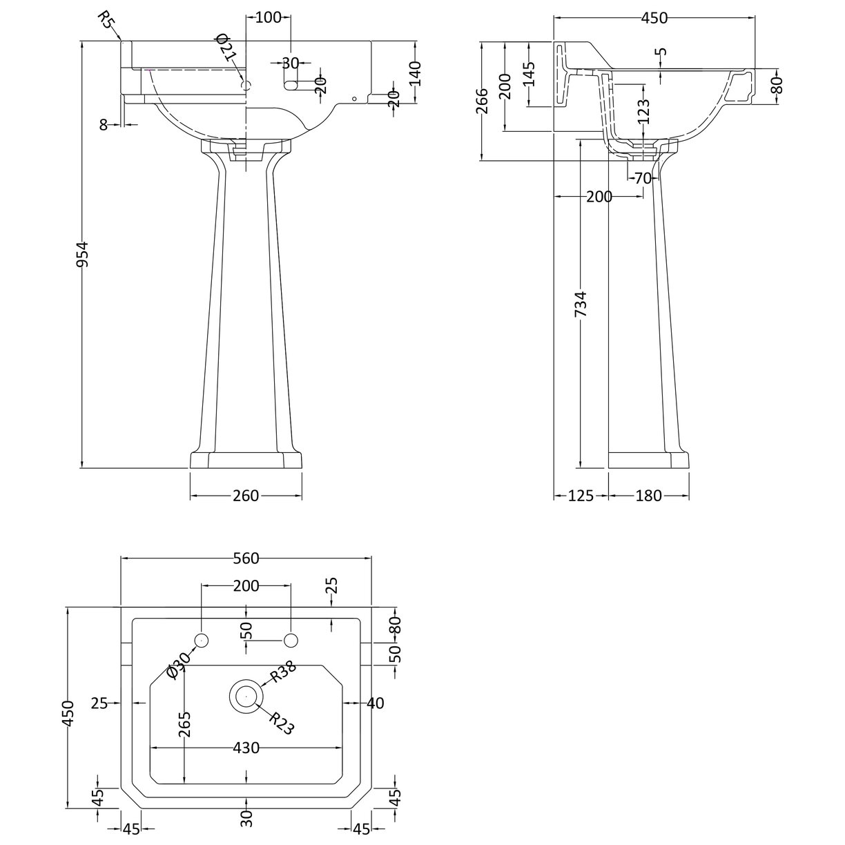 560Mm 2Th Basin & Comfort Height Ped - White