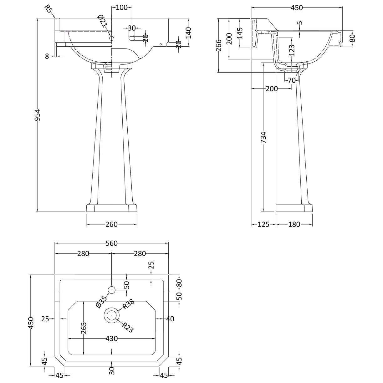 560Mm 1Th Basin & Comfort Height Ped - White