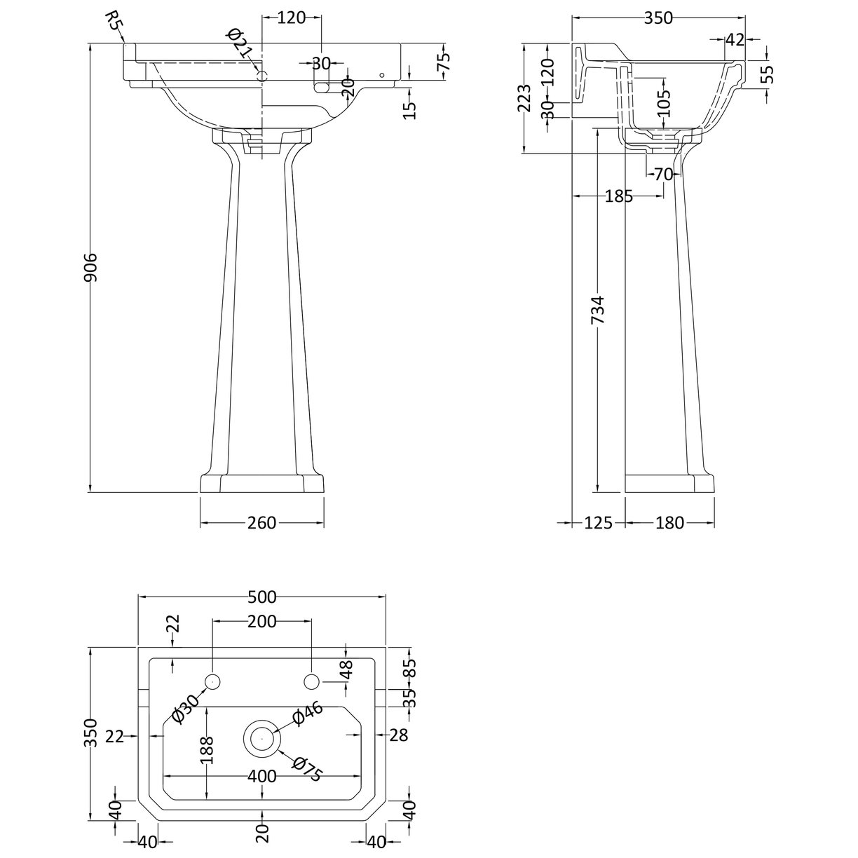 500Mm 2Th Basin & Comfort Height Ped - White