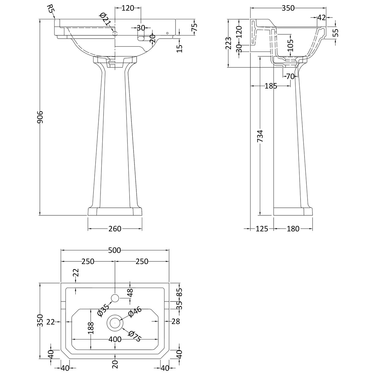 500Mm 1Th Basin & Comfort Height Ped - White