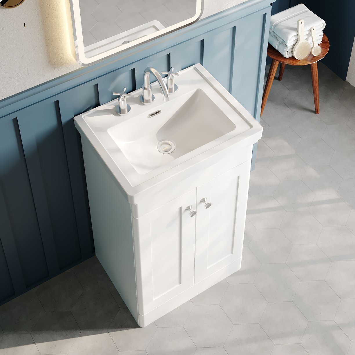500mm F/S 2-Door Unit & Basin 3TH - Satin White