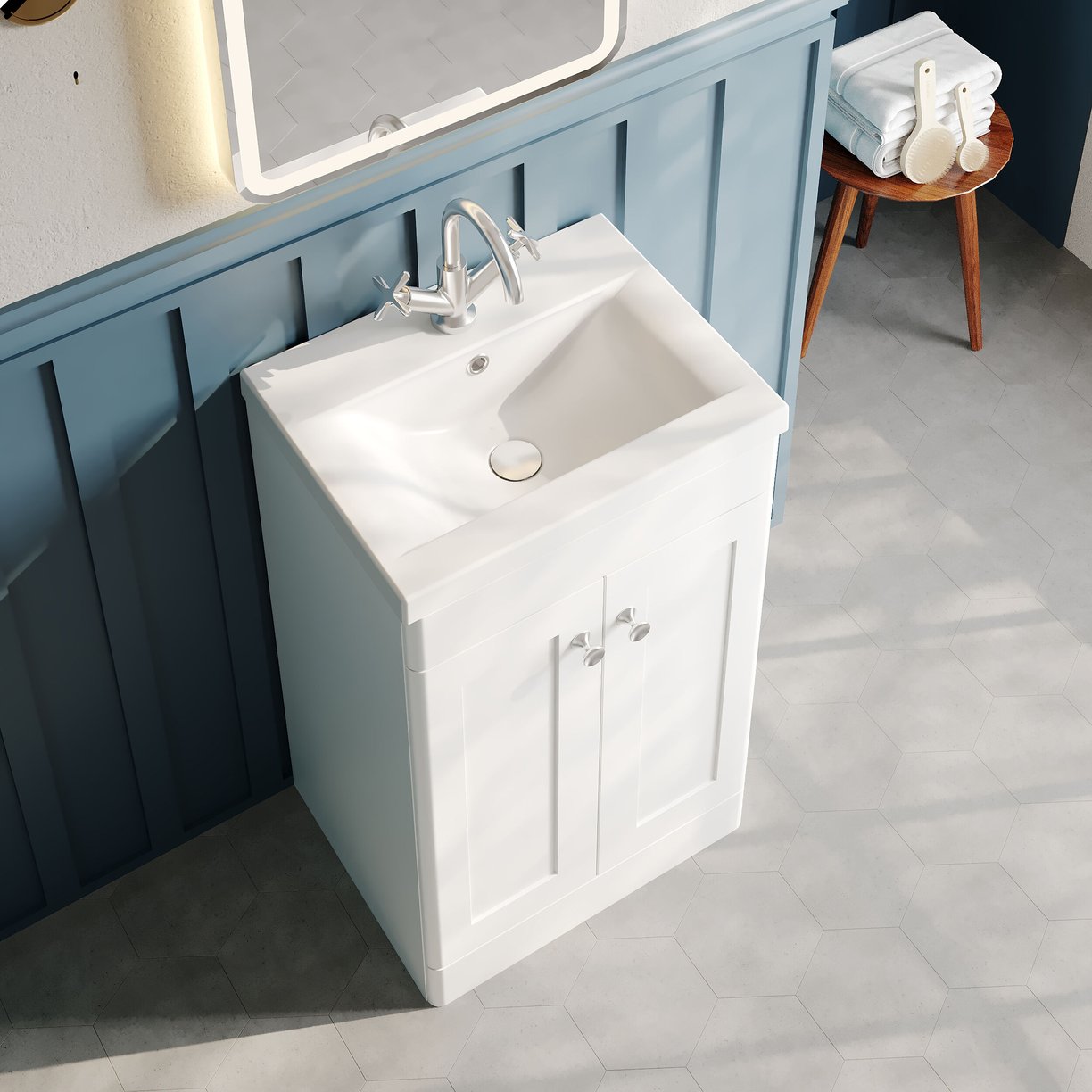 500mm F/S 2-Door Unit & Mid-Edged Basin - Satin White