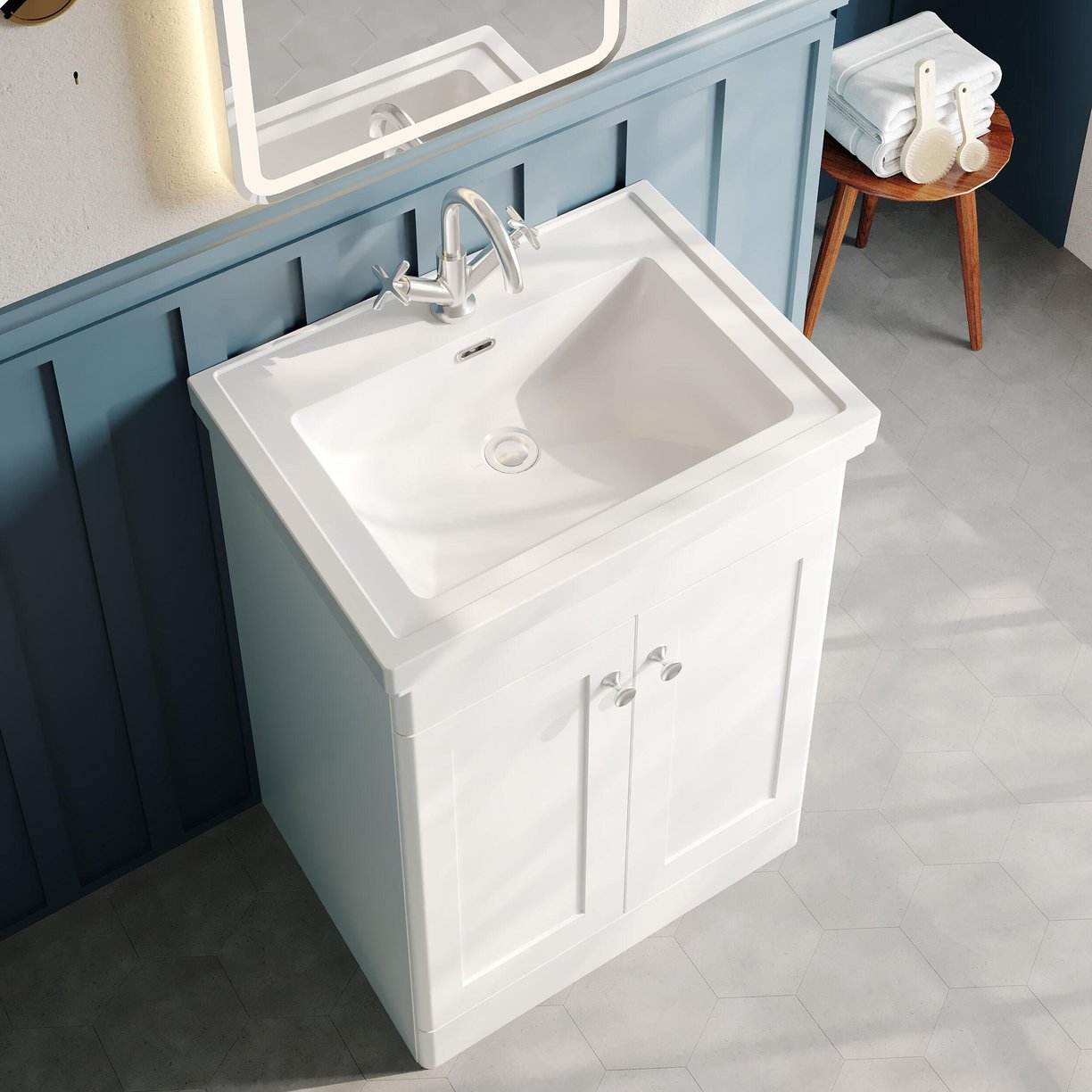 600mm F/S 2-Door Unit & Basin 1TH - Satin White