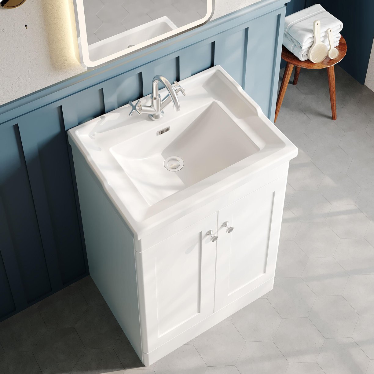 600mm F/S 2-Door Unit & Basin 1TH - Satin White