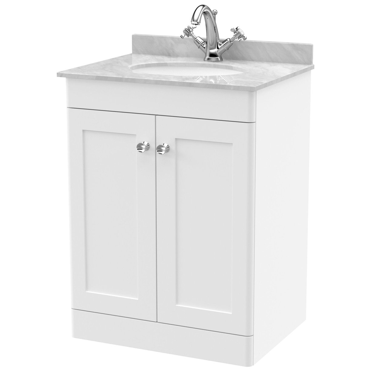 600mm F/S 2-Door Unit & Marble Top 1TH - Satin White