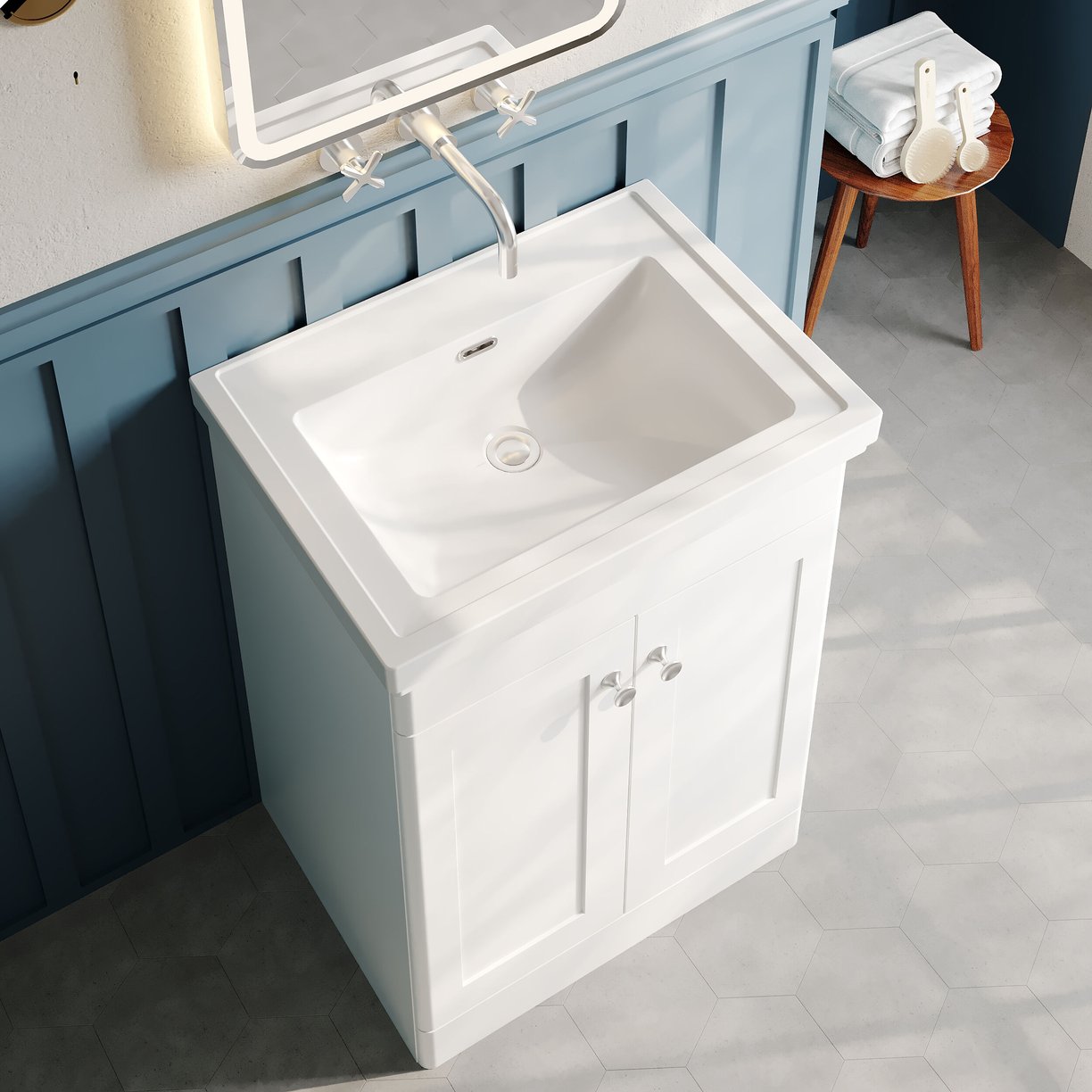 600mm F/S 2-Door Unit & Basin 0TH - Satin White